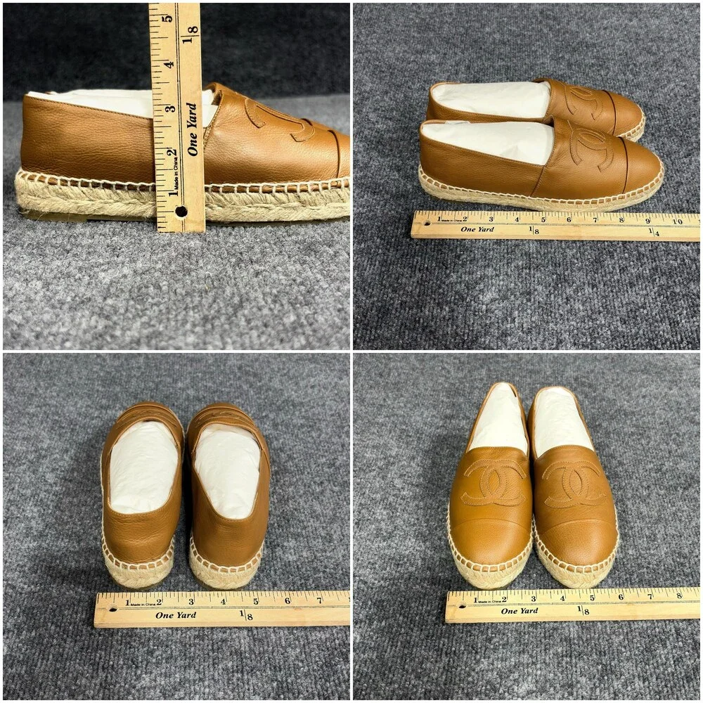 Chanel Shoes Womens 37 Brown Calfskin Espadrille Flats Slip On CC Logo Caramel